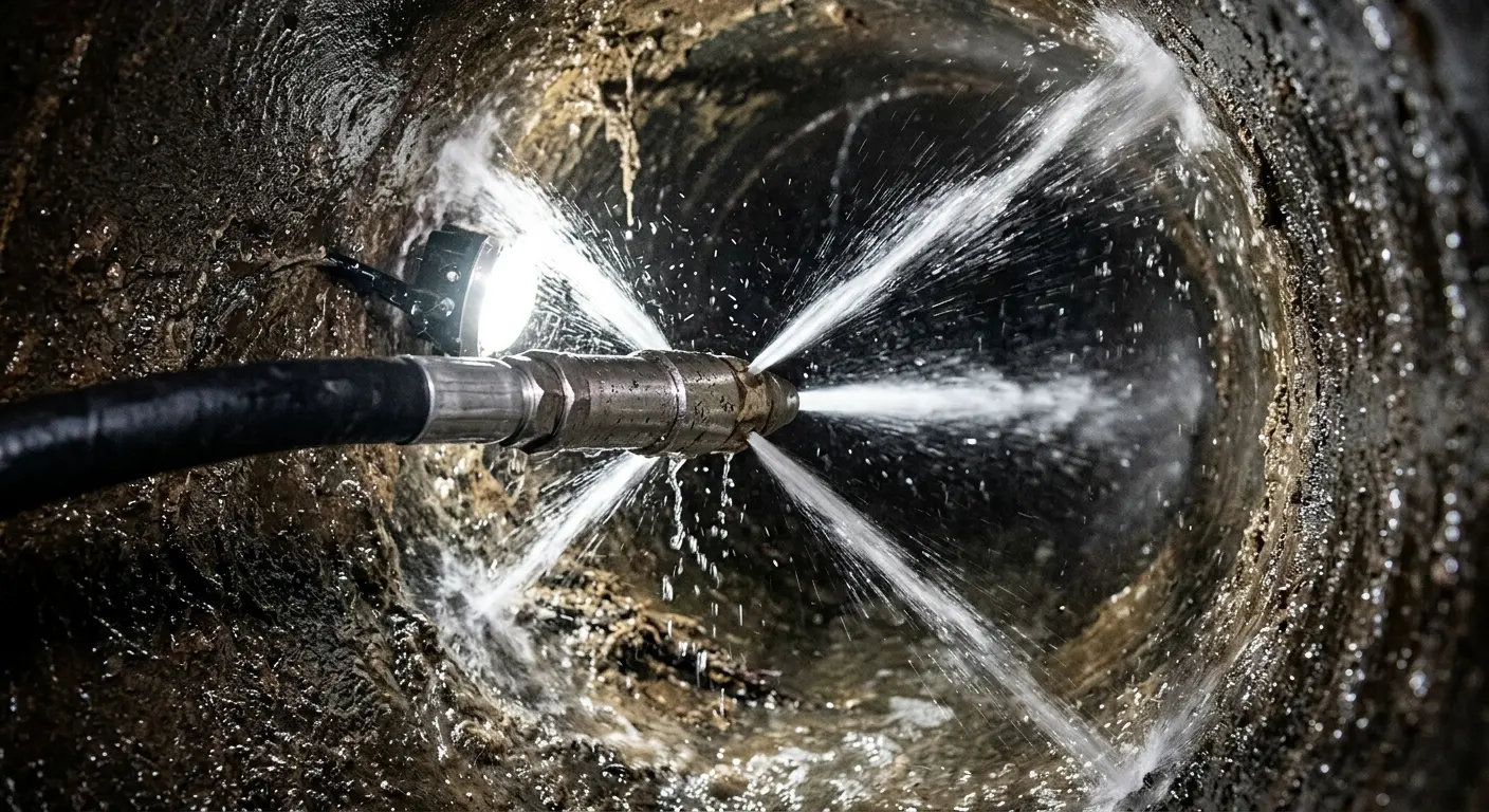High-pressure hydro jetting nozzle cleaning sewer pipe for Emergency Drain Service in McKeesport