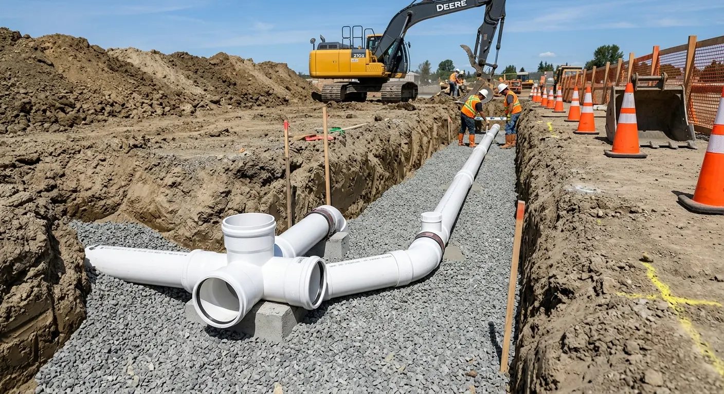 New PVC sewer pipe installation in open trench for Commercial Drain Cleaning in McKeesport