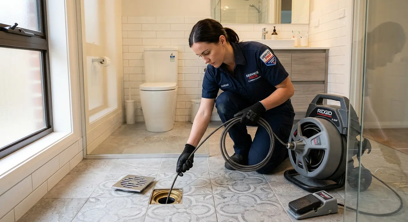Technician clearing a bathroom floor drain for Drain Cleaning in McKeesport